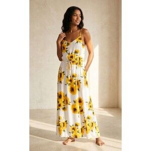 Leadingstar Sunflower Maxi Dress White Yellow Boho Fall Sundress NWT Size XL